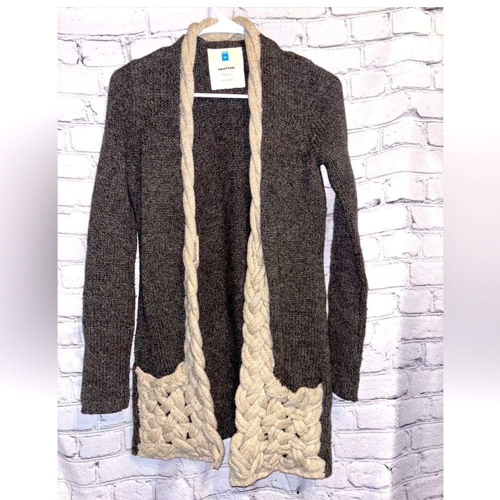 Sparrow Anthropologie Cardigan Sweater Gray Tan 100% Lambswool  Pockets Size XS